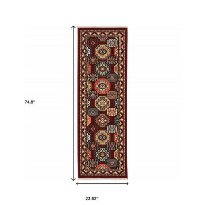 2' X 6' Red Blue Brown And Beige Oriental Power Loom Stain Resistant Runner Rug With Fringe