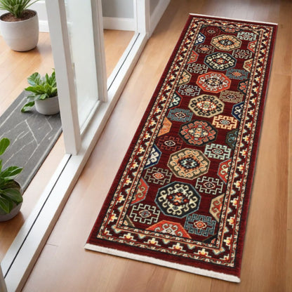 2' X 6' Red Blue Brown And Beige Oriental Power Loom Stain Resistant Runner Rug With Fringe