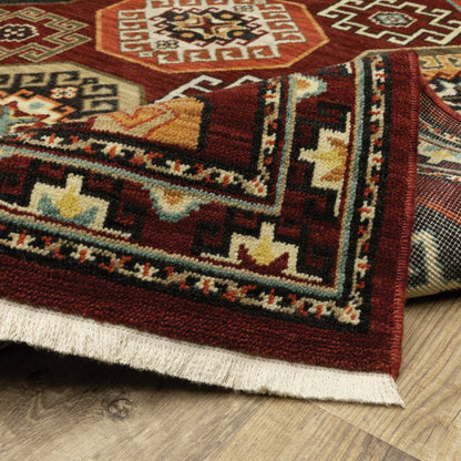 2' X 6' Red Blue Brown And Beige Oriental Power Loom Stain Resistant Runner Rug With Fringe