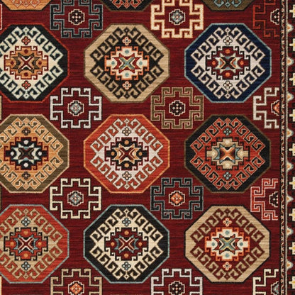 3' X 5' Red Blue Brown And Beige Oriental Power Loom Stain Resistant Area Rug With Fringe