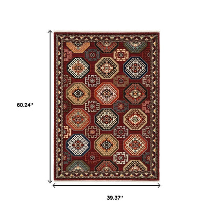 3' X 5' Red Blue Brown And Beige Oriental Power Loom Stain Resistant Area Rug With Fringe