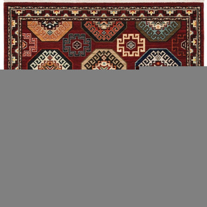 3' X 5' Red Blue Brown And Beige Oriental Power Loom Stain Resistant Area Rug With Fringe