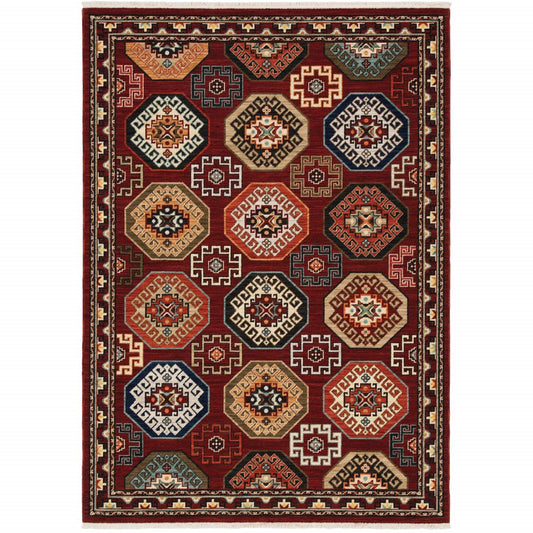 3' X 5' Red Blue Brown And Beige Oriental Power Loom Stain Resistant Area Rug With Fringe