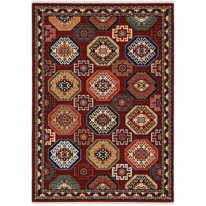 5' X 8' Red Blue Brown And Beige Oriental Power Loom Stain Resistant Area Rug With Fringe