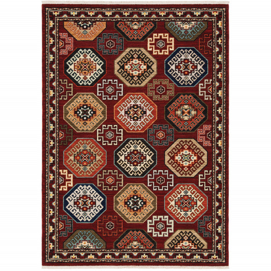 5' X 8' Red Blue Brown And Beige Oriental Power Loom Stain Resistant Area Rug With Fringe