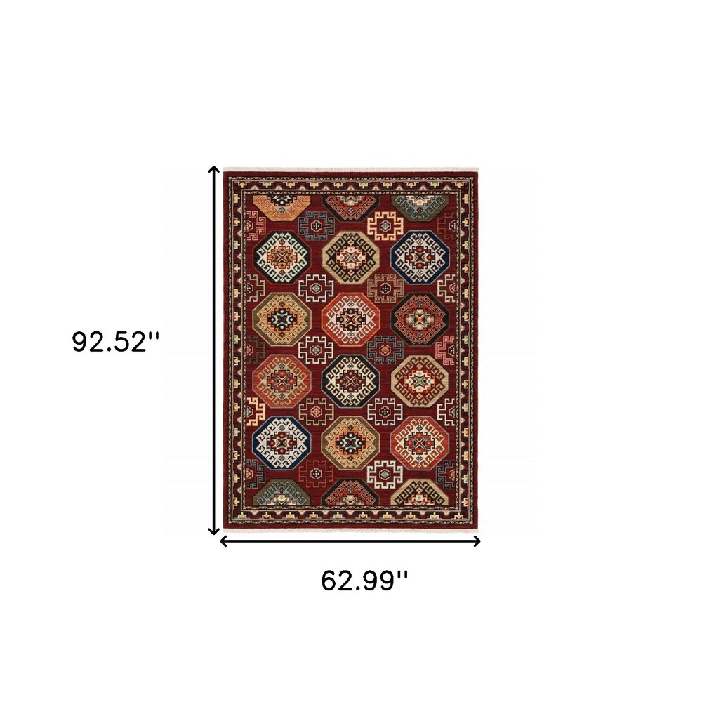 5' X 8' Red Blue And Black Oriental Area Rug With Fringe