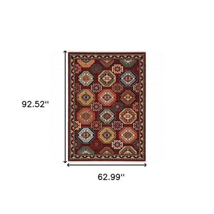 5' X 8' Red Blue And Black Oriental Area Rug With Fringe