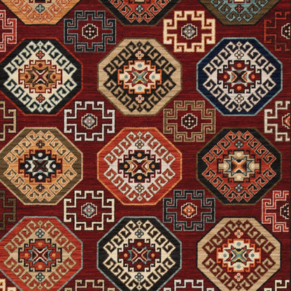 5' X 8' Red Blue Brown And Beige Oriental Power Loom Stain Resistant Area Rug With Fringe