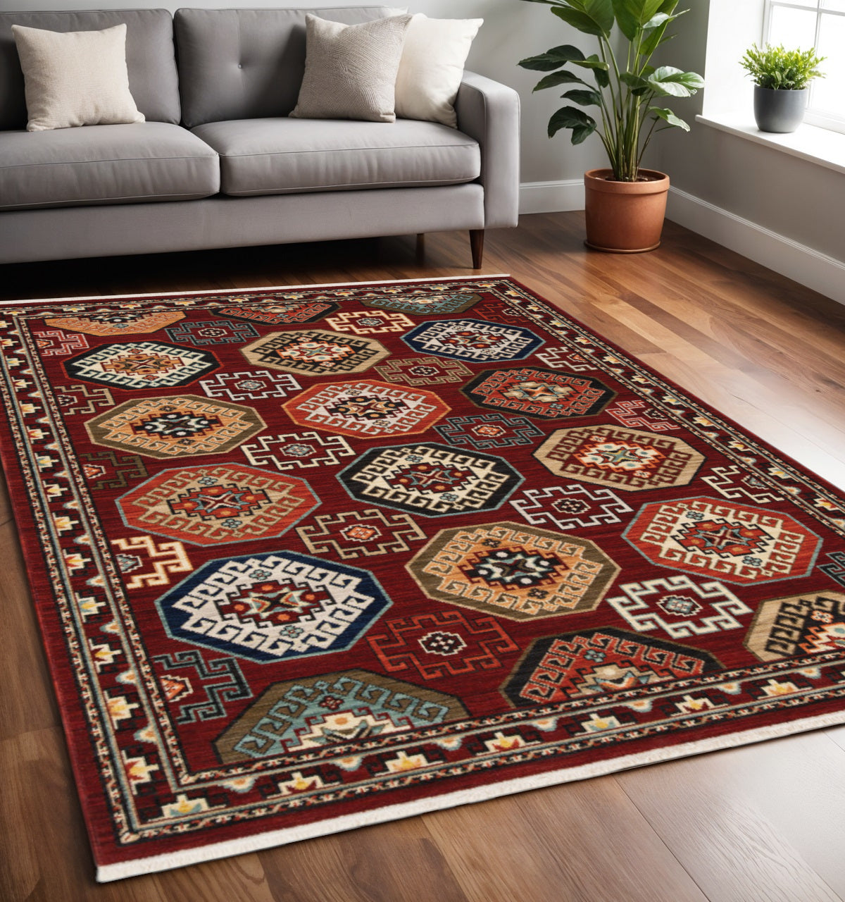 5' X 8' Red Blue Brown And Beige Oriental Power Loom Stain Resistant Area Rug With Fringe