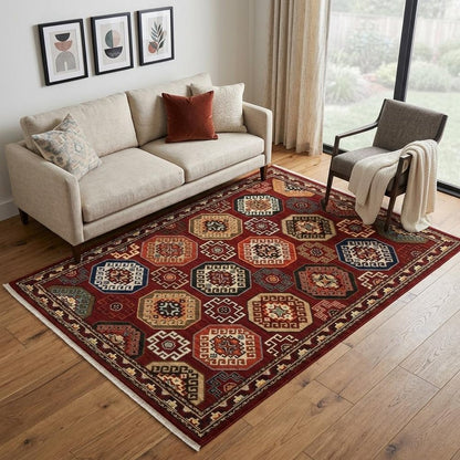 5' X 8' Red Blue And Black Oriental Area Rug With Fringe