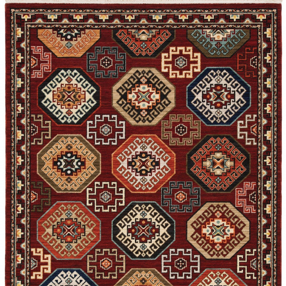 5' X 8' Red Blue Brown And Beige Oriental Power Loom Stain Resistant Area Rug With Fringe