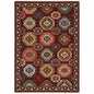 5' X 8' Red Blue And Black Oriental Area Rug With Fringe