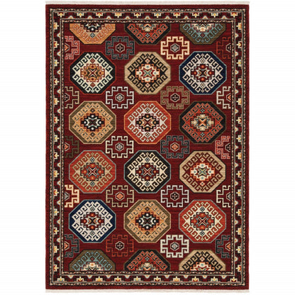 5' X 8' Red Blue And Black Oriental Area Rug With Fringe