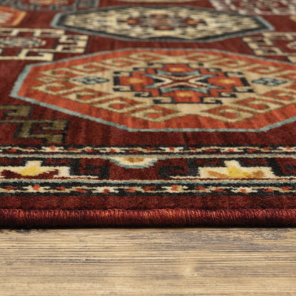 5' X 8' Red Blue Brown And Beige Oriental Power Loom Stain Resistant Area Rug With Fringe