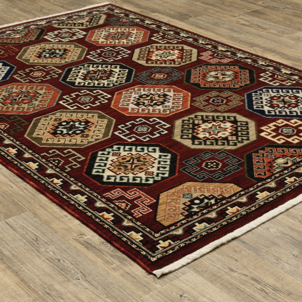 5' X 8' Red Blue And Black Oriental Area Rug With Fringe