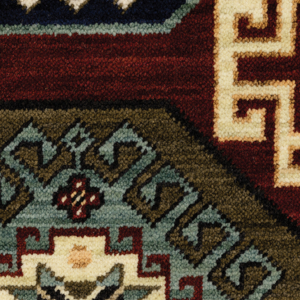 5' X 8' Red Blue Brown And Beige Oriental Power Loom Stain Resistant Area Rug With Fringe