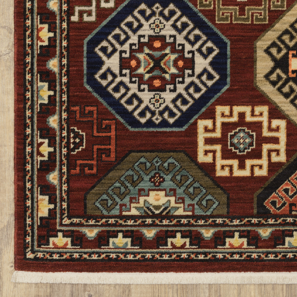 5' X 8' Red Blue Brown And Beige Oriental Power Loom Stain Resistant Area Rug With Fringe