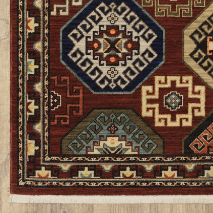 5' X 8' Red Blue And Black Oriental Area Rug With Fringe