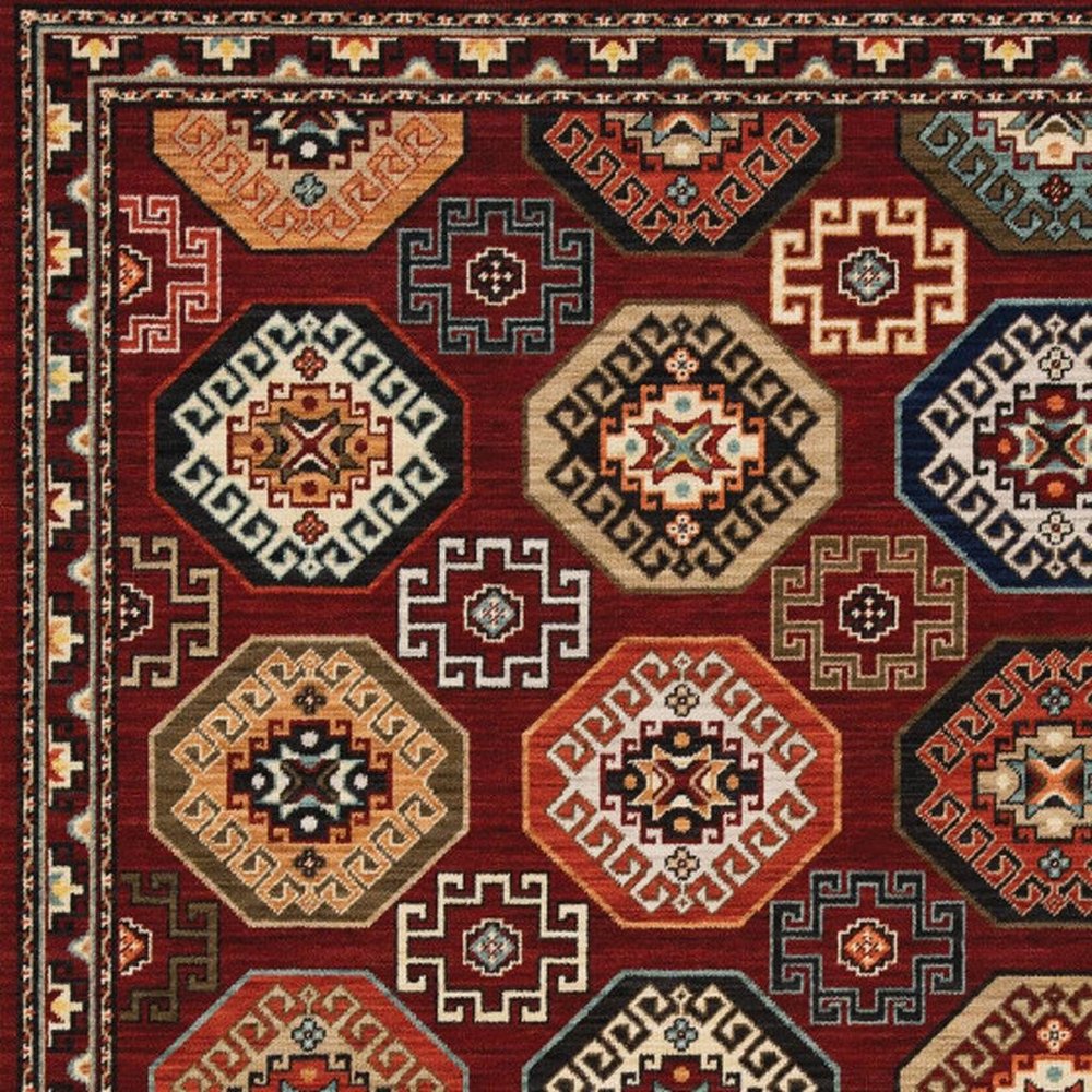 6' X 9' Red Blue Brown And Beige Oriental Power Loom Stain Resistant Area Rug With Fringe