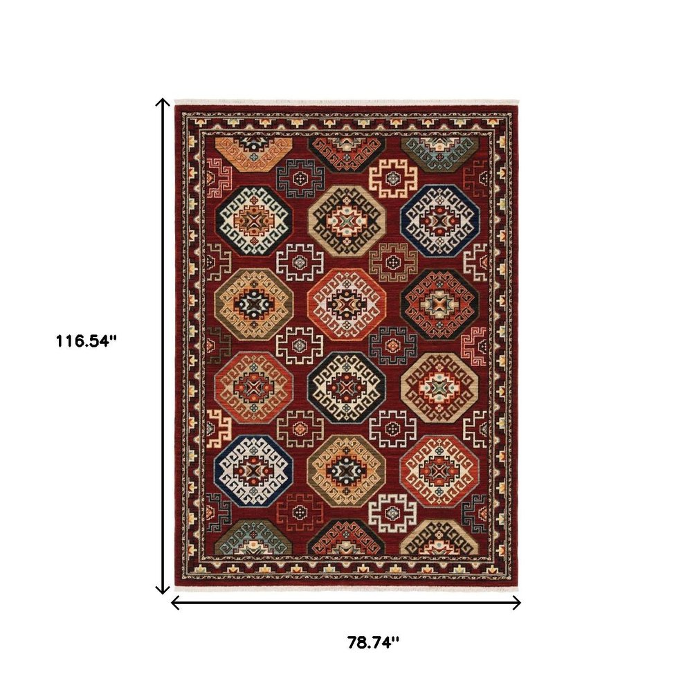 6' X 9' Red Blue Brown And Beige Oriental Power Loom Stain Resistant Area Rug With Fringe