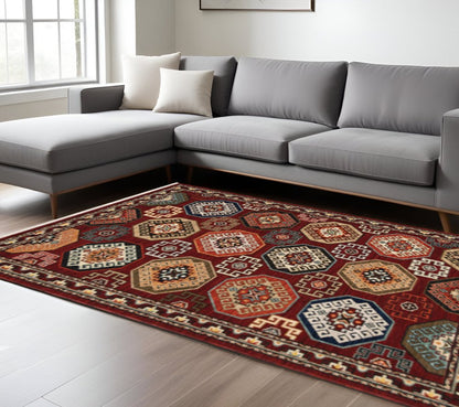6' X 9' Red Blue Brown And Beige Oriental Power Loom Stain Resistant Area Rug With Fringe