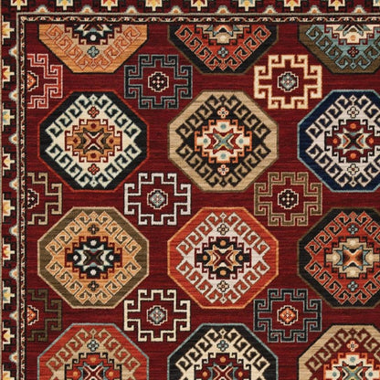8' X 11' Red Blue Brown And Beige Oriental Power Loom Stain Resistant Area Rug With Fringe