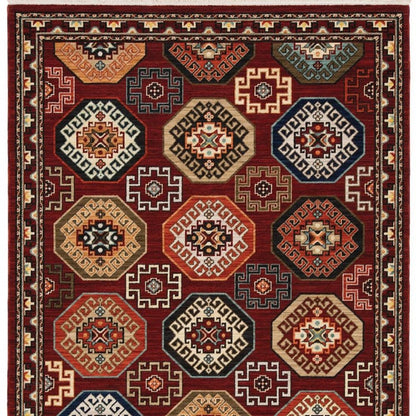 8' X 11' Red Blue Brown And Beige Oriental Power Loom Stain Resistant Area Rug With Fringe