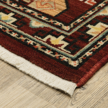 8' X 11' Red Blue Brown And Beige Oriental Power Loom Stain Resistant Area Rug With Fringe