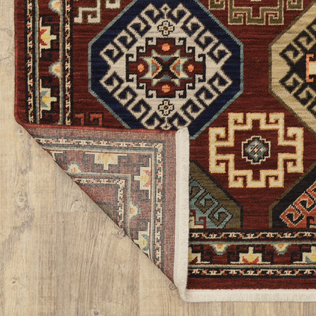 8' X 11' Red Blue Brown And Beige Oriental Power Loom Stain Resistant Area Rug With Fringe