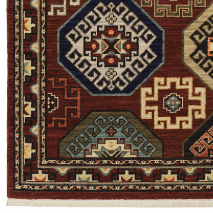 8' X 11' Red Blue Brown And Beige Oriental Power Loom Stain Resistant Area Rug With Fringe