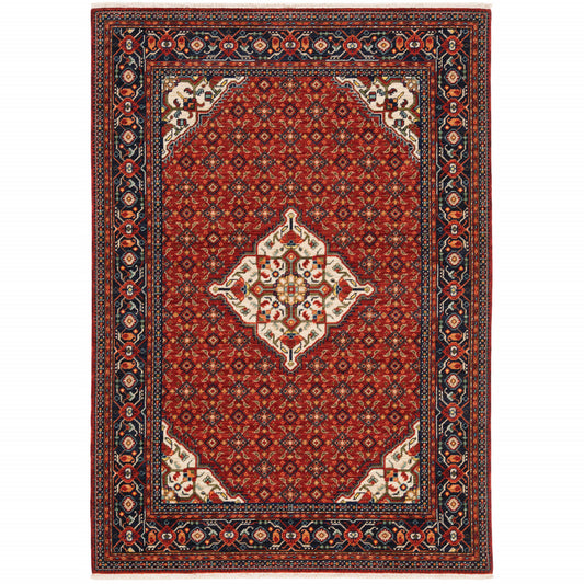 2' X 3' Red Blue Ivory And Orange Oriental Power Loom Stain Resistant Area Rug With Fringe