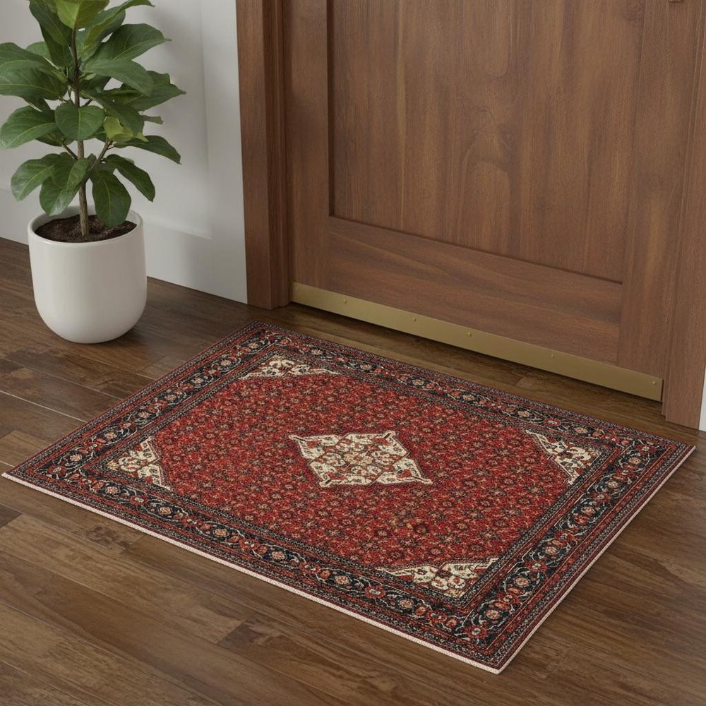 2' X 3' Red Blue Ivory And Orange Oriental Power Loom Stain Resistant Area Rug With Fringe