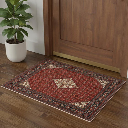 2' X 3' Red Blue Ivory And Orange Oriental Power Loom Stain Resistant Area Rug With Fringe