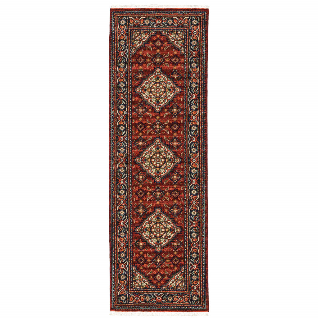 2' X 6' Red Blue Ivory And Orange Oriental Power Loom Stain Resistant Runner Rug With Fringe