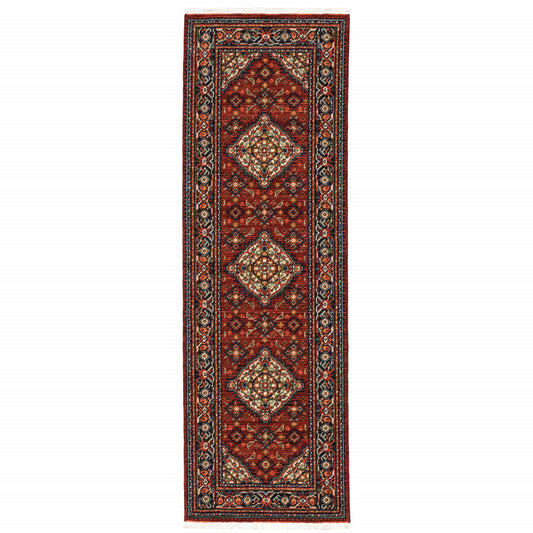 2' X 6' Red Blue Ivory And Orange Oriental Power Loom Stain Resistant Runner Rug With Fringe