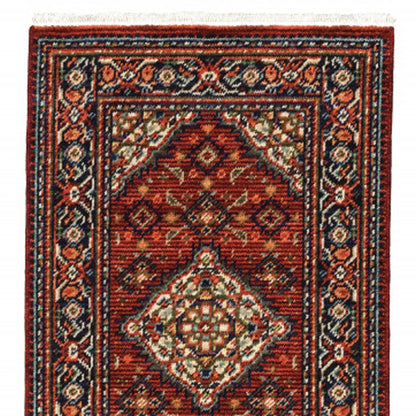 2' X 6' Red Blue Ivory And Orange Oriental Power Loom Stain Resistant Runner Rug With Fringe