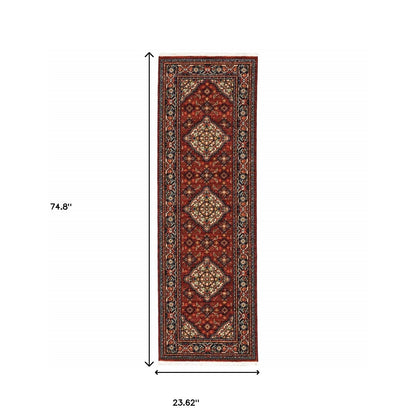 2' X 6' Red Blue Ivory And Orange Oriental Power Loom Stain Resistant Runner Rug With Fringe