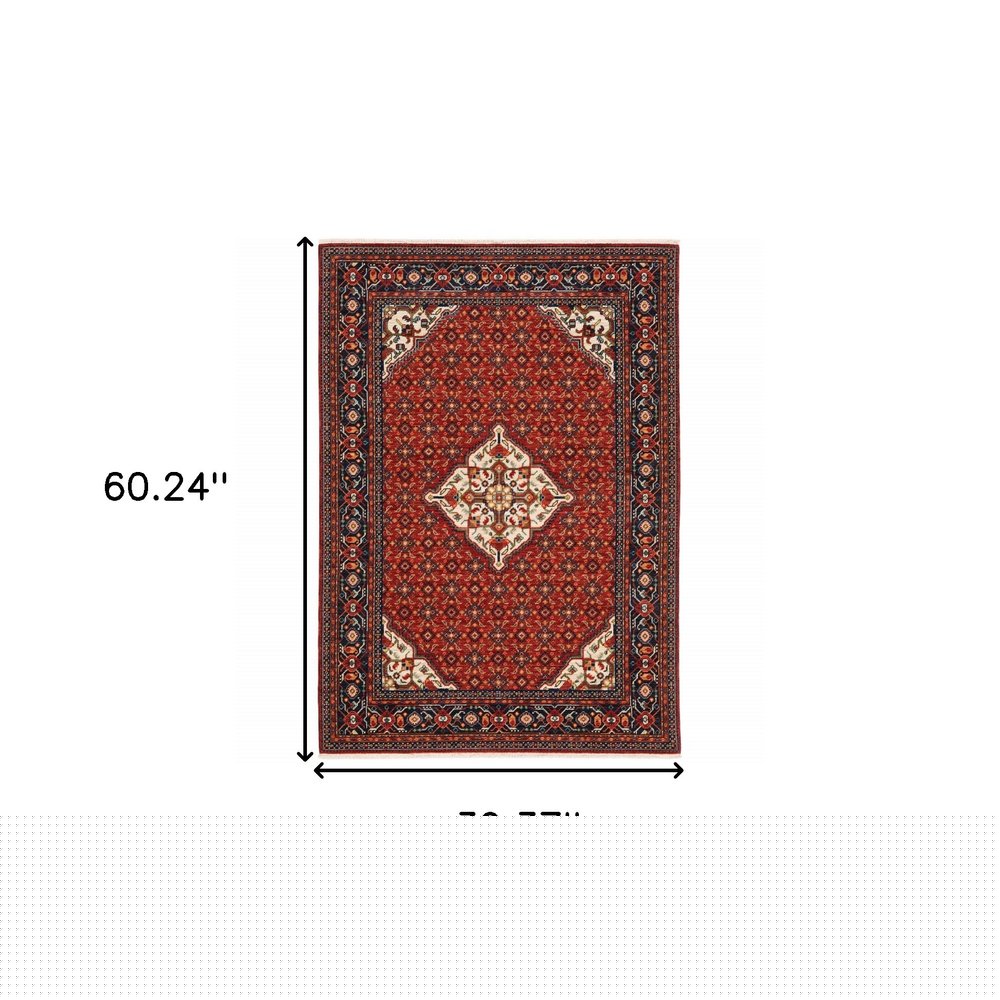 3' X 5' Red Blue Ivory And Orange Oriental Power Loom Stain Resistant Area Rug With Fringe