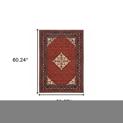 3' X 5' Red Blue Ivory And Orange Oriental Power Loom Stain Resistant Area Rug With Fringe
