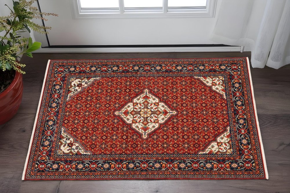 3' X 5' Red Blue Ivory And Orange Oriental Power Loom Stain Resistant Area Rug With Fringe