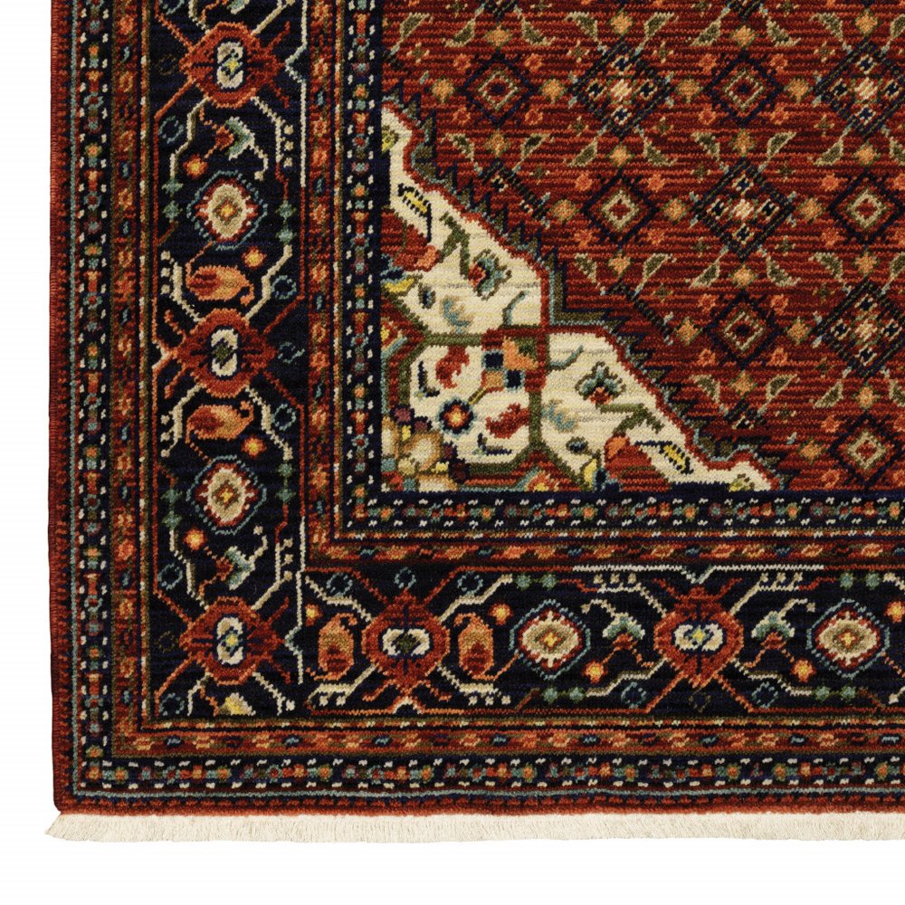 3' X 5' Red Blue Ivory And Orange Oriental Power Loom Stain Resistant Area Rug With Fringe