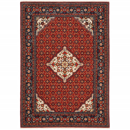 5' X 8' Red Blue Ivory And Orange Oriental Power Loom Stain Resistant Area Rug With Fringe