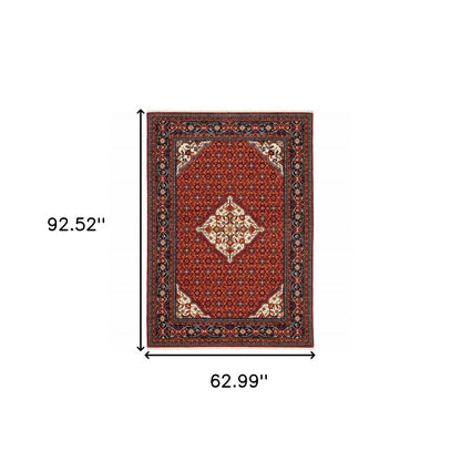 5' X 8' Red Blue And Black Oriental Area Rug With Fringe