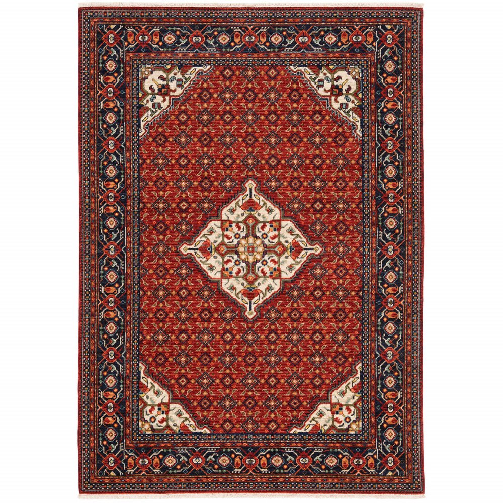 5' X 8' Red Blue And Black Oriental Area Rug With Fringe
