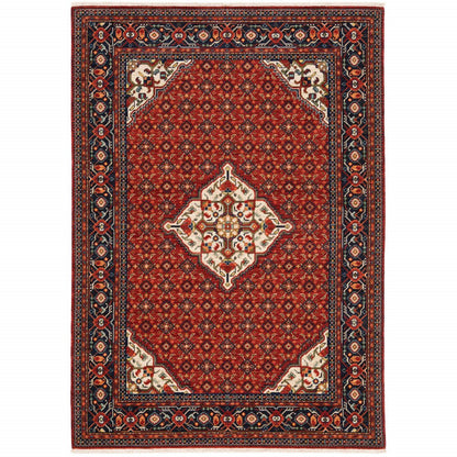 5' X 8' Red Blue And Black Oriental Area Rug With Fringe