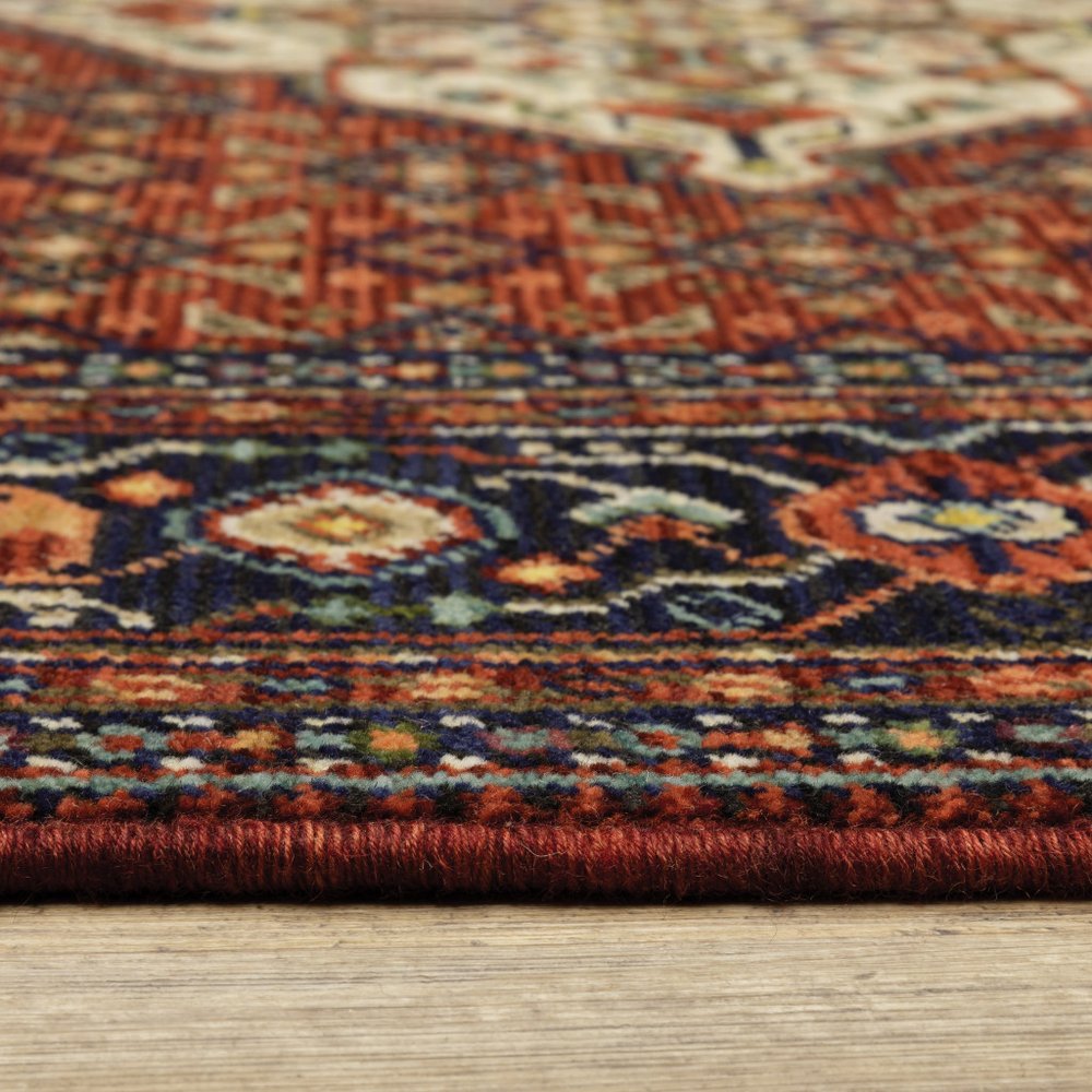 5' X 8' Red Blue And Black Oriental Area Rug With Fringe