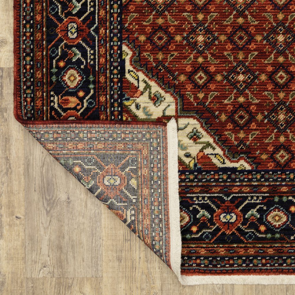 5' X 8' Red Blue And Black Oriental Area Rug With Fringe