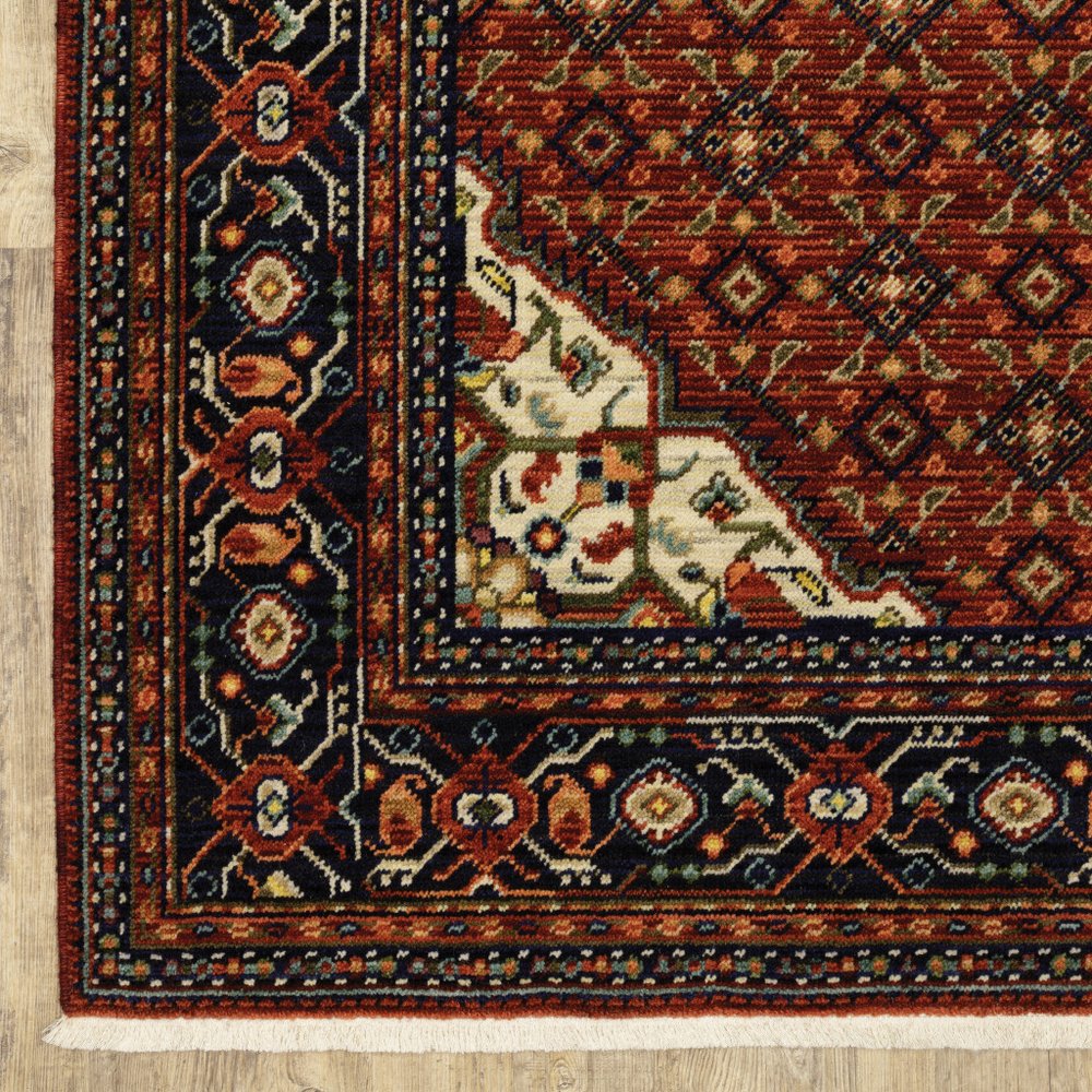 5' X 8' Red Blue And Black Oriental Area Rug With Fringe
