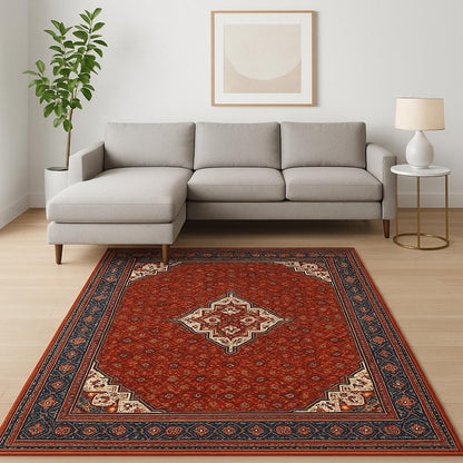 6' X 9' Red Blue Ivory And Orange Oriental Power Loom Stain Resistant Area Rug With Fringe