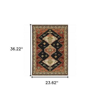 2' X 3' Charcoal Brown Orange Salmon Gold Navy Ivory And Pale Blue Oriental Power Loom Stain Resistant Area Rug With Fringe